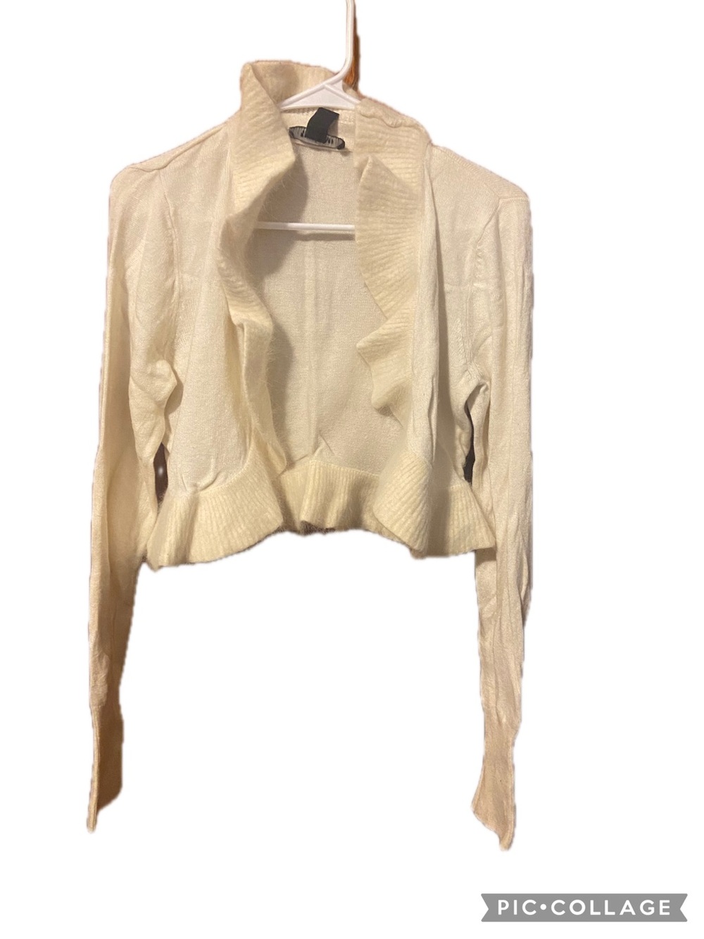 White House Black Market Cream Ruffle-Trim Open Cardigan